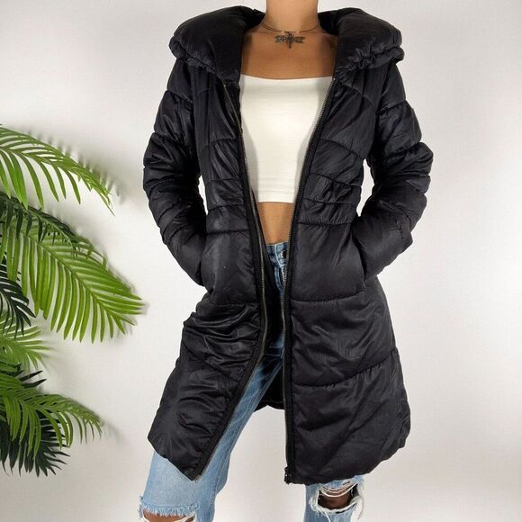 Women's Y2K H&M Classy Minimalist Black Longline Winter Puffer Parka Coat / 4 - Picture 1 of 10